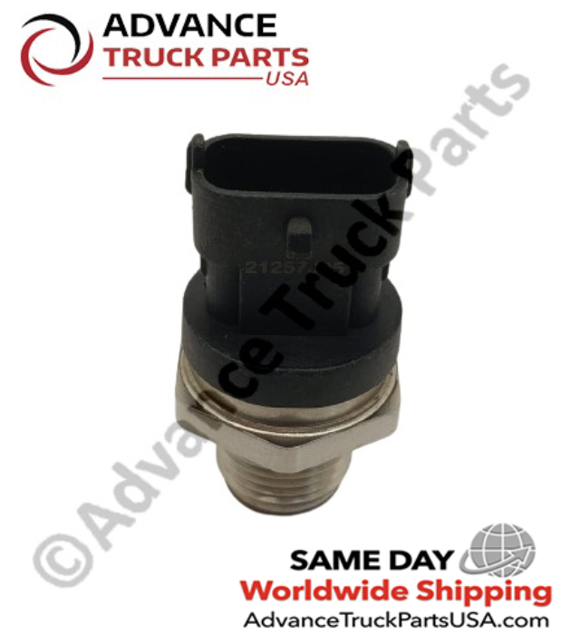 Advance Truck Parts USA branded studio vertical perspective featuring the black electrical receptacle and stainless steel threaded mounting base of the commercial truck fuel rail pressure sensor