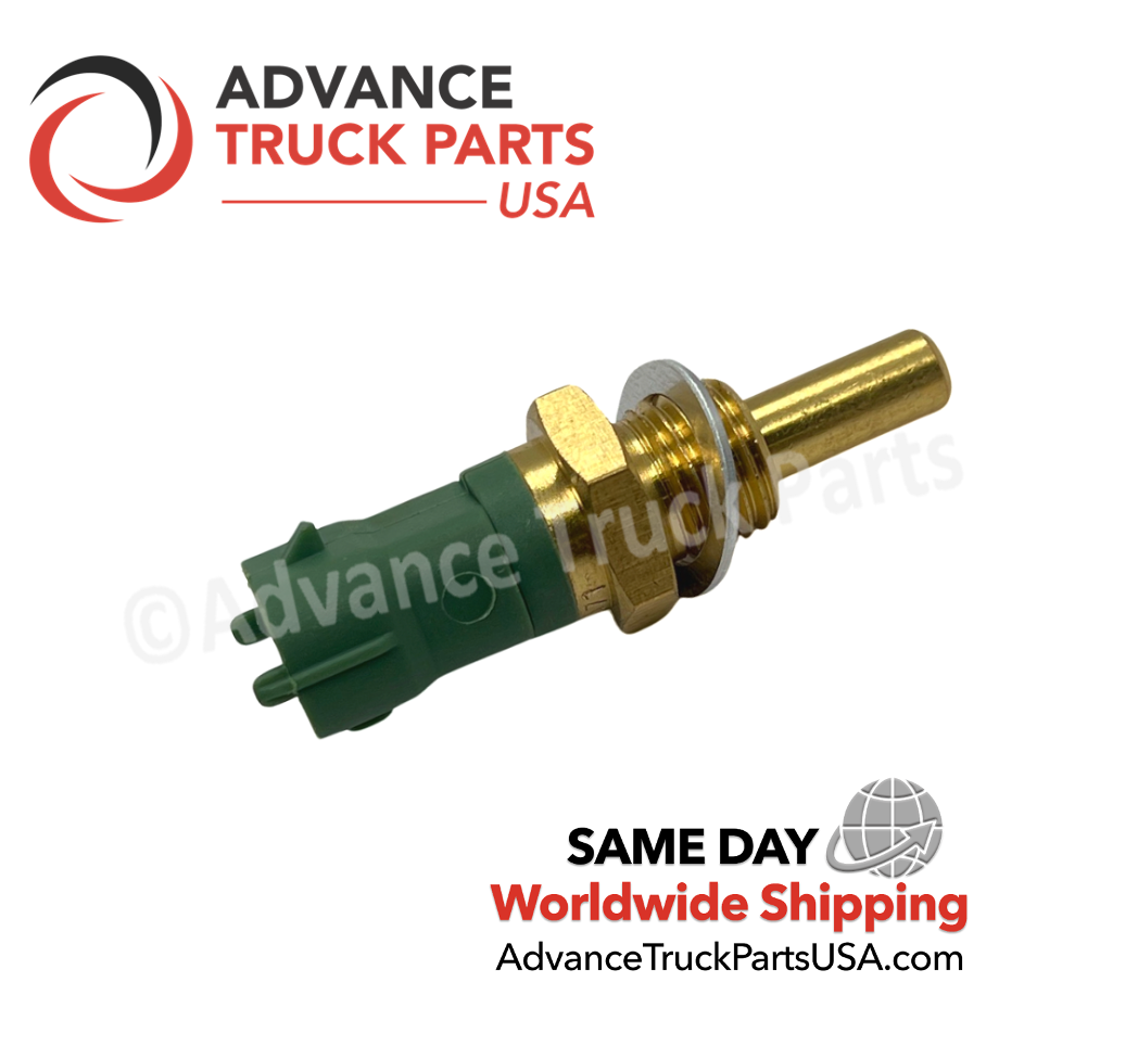 Advance Truck Parts USA Cummins temperature sensor displaying an angled studio view of the brass probe tip, sealing washer, and green connector