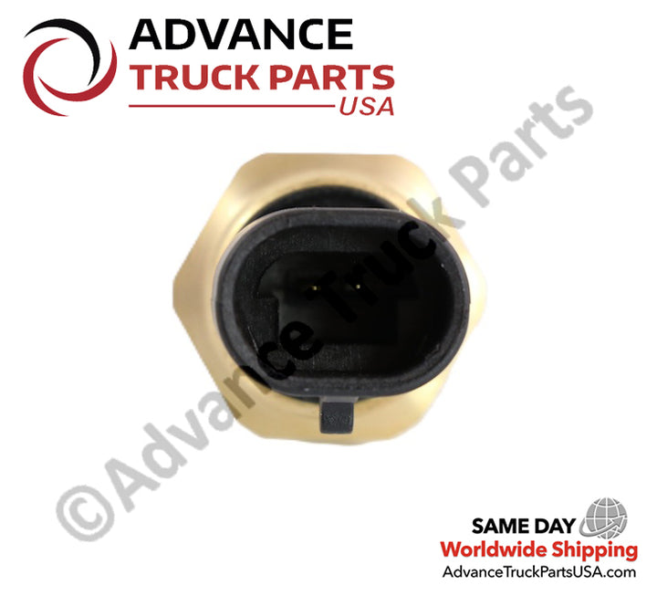 Advance Truck Parts USA Cummins temperature sensor close-up view highlighting the electrical connector receptacle and pin terminals on a branded background