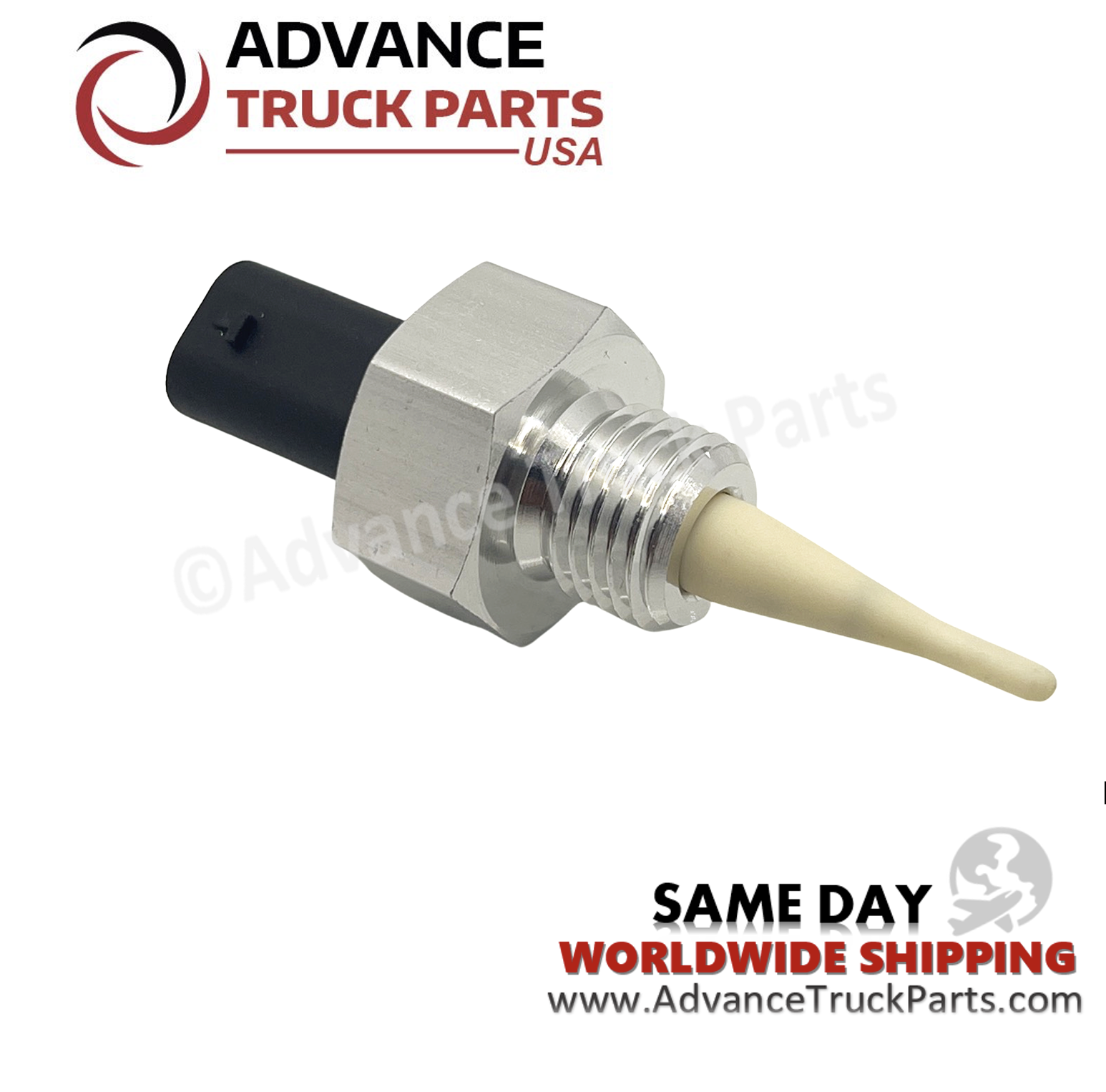 Advance Truck Parts USA branded studio angled perspective showcasing the heavy-duty Detroit Diesel DD15 temperature sensor highlighting the threaded metal base and smooth probe tip