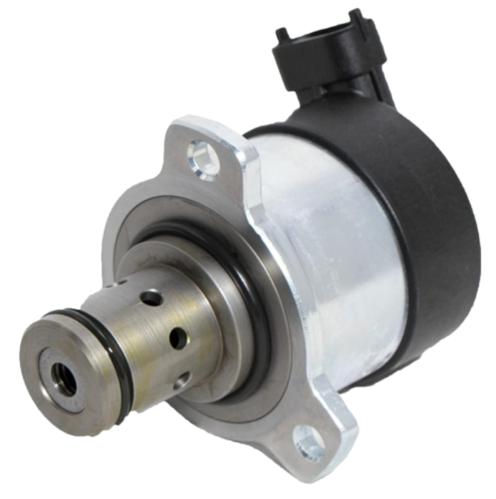 Advance Truck Parts USA DDE A0000900069 fuel pressure control solenoid valve featuring a mounting flange, O-rings, and electrical connector on a branded studio background