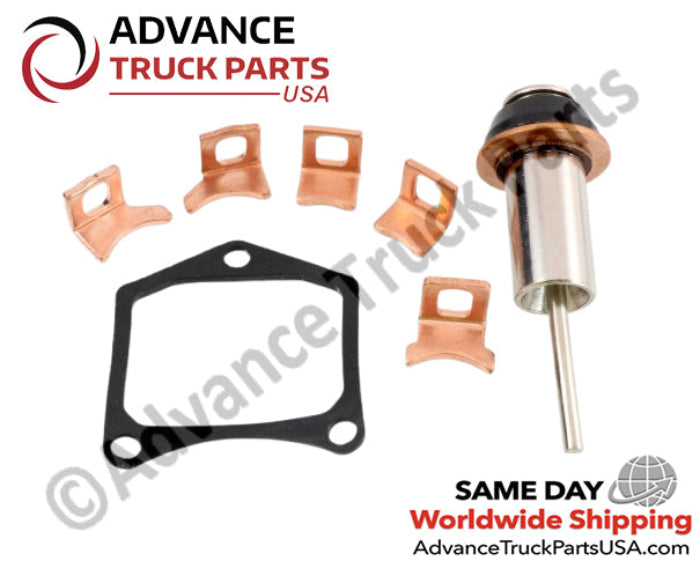 Advance Truck Parts Denso starter repair kit displaying a studio perspective of all kit components including the plunger, gasket, and contacts on a branded background