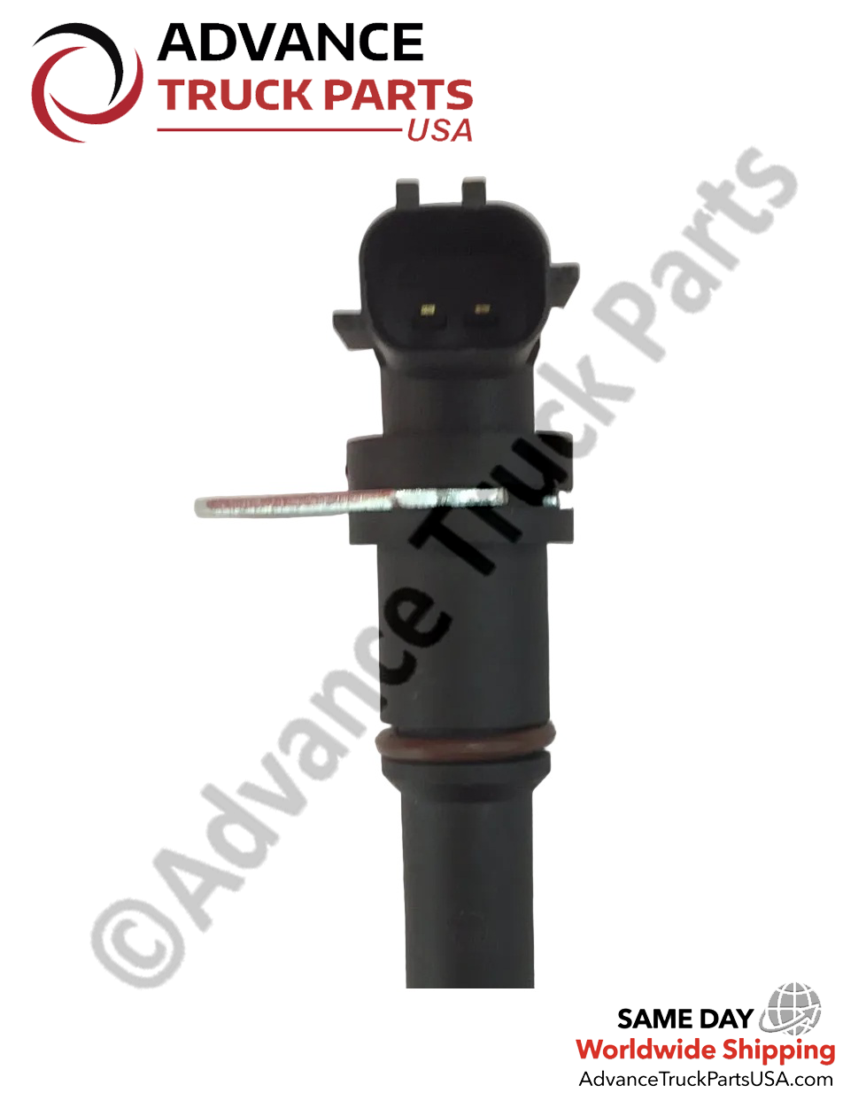 Advance Truck Parts USA Detroit Diesel crankshaft position sensor close-up view highlighting the 2-pin electrical connector receptacle on a branded background