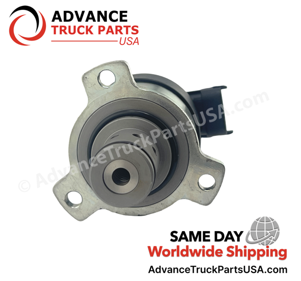 Advance Truck Parts USA Detroit Diesel fuel pressure control solenoid valve displaying a direct bottom view of the central metering port, internal cylinder, and mounting bracket