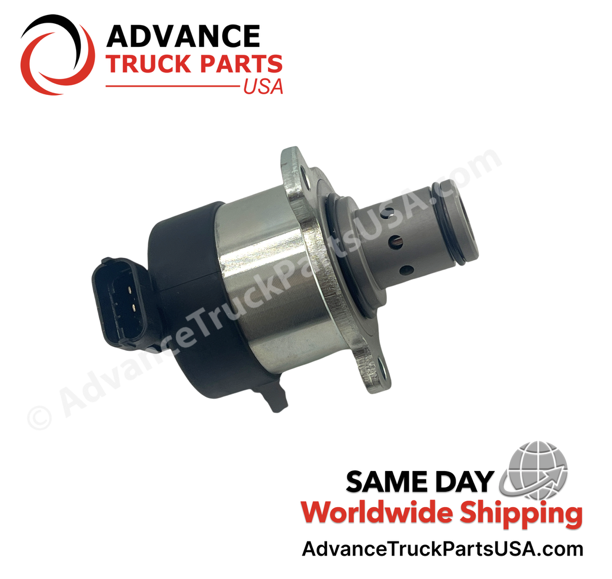 Advance Truck Parts USA Detroit Diesel fuel pressure control solenoid valve highlighting a side profile of the metallic housing and the black 2-pin male connector
