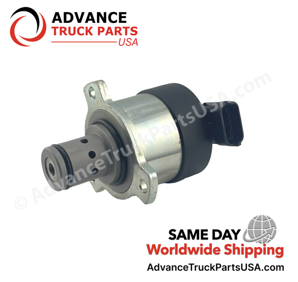 Advance Truck Parts USA Detroit Diesel fuel pressure control solenoid valve displaying an angled perspective of the perforated metal cylinder, rubber O-rings, and 3-bolt mounting flange
