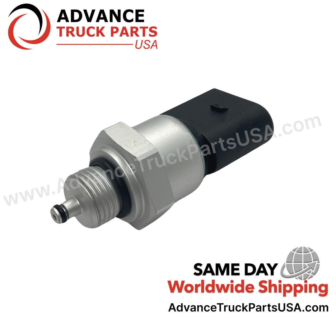 Advance Truck Parts USA Detroit Diesel oil pressure sensor displaying an angled studio perspective of the metallic fitting, O-ring seals, and black connector 