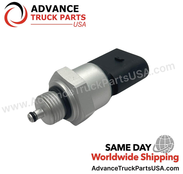 Advance Truck Parts USA Detroit Diesel oil pressure sensor displaying an angled studio perspective of the metallic fitting, O-ring seals, and black connector 