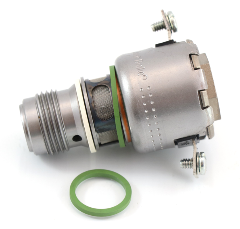 ATP Detroit Series 60 12V DC Jake Brake solenoid valve featuring dual lead screw terminals, mesh filter screen, and green replacement O-ring on a plain background