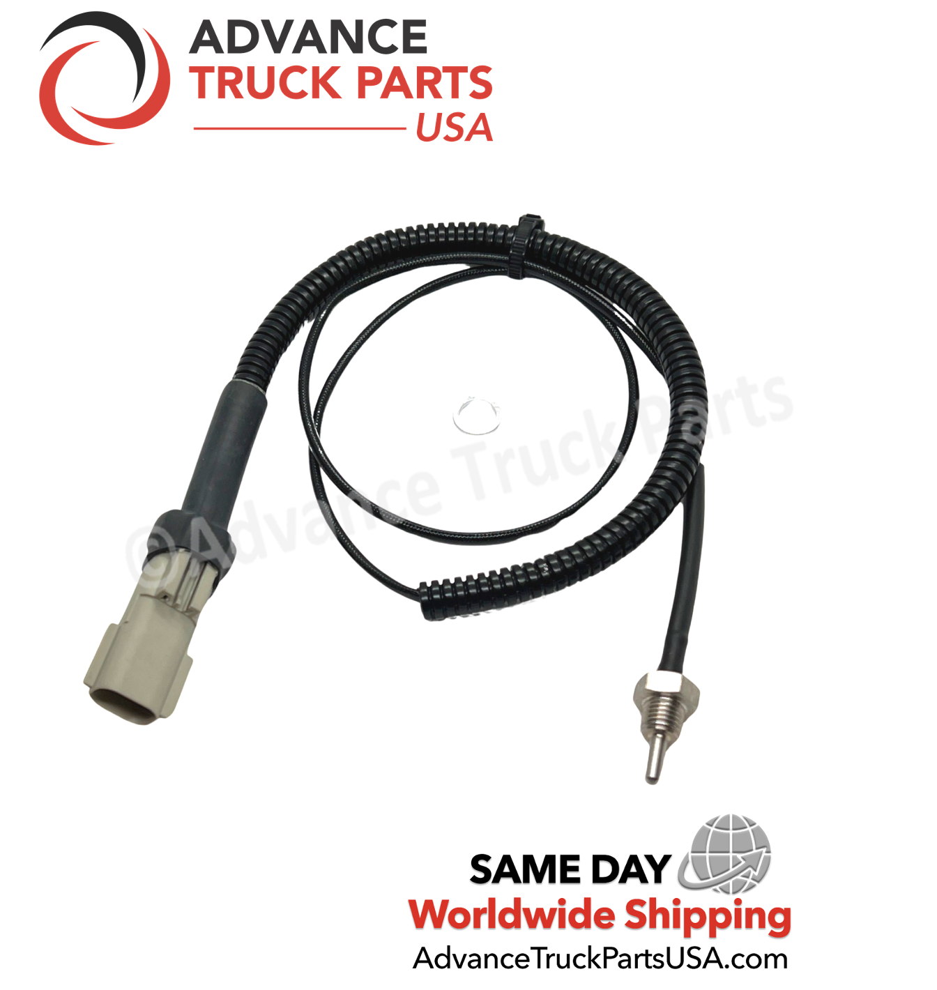 Advance Truck Parts USA Detroit Diesel temperature sensor displaying an angled studio overview of the complete wired harness assembly on a branded background