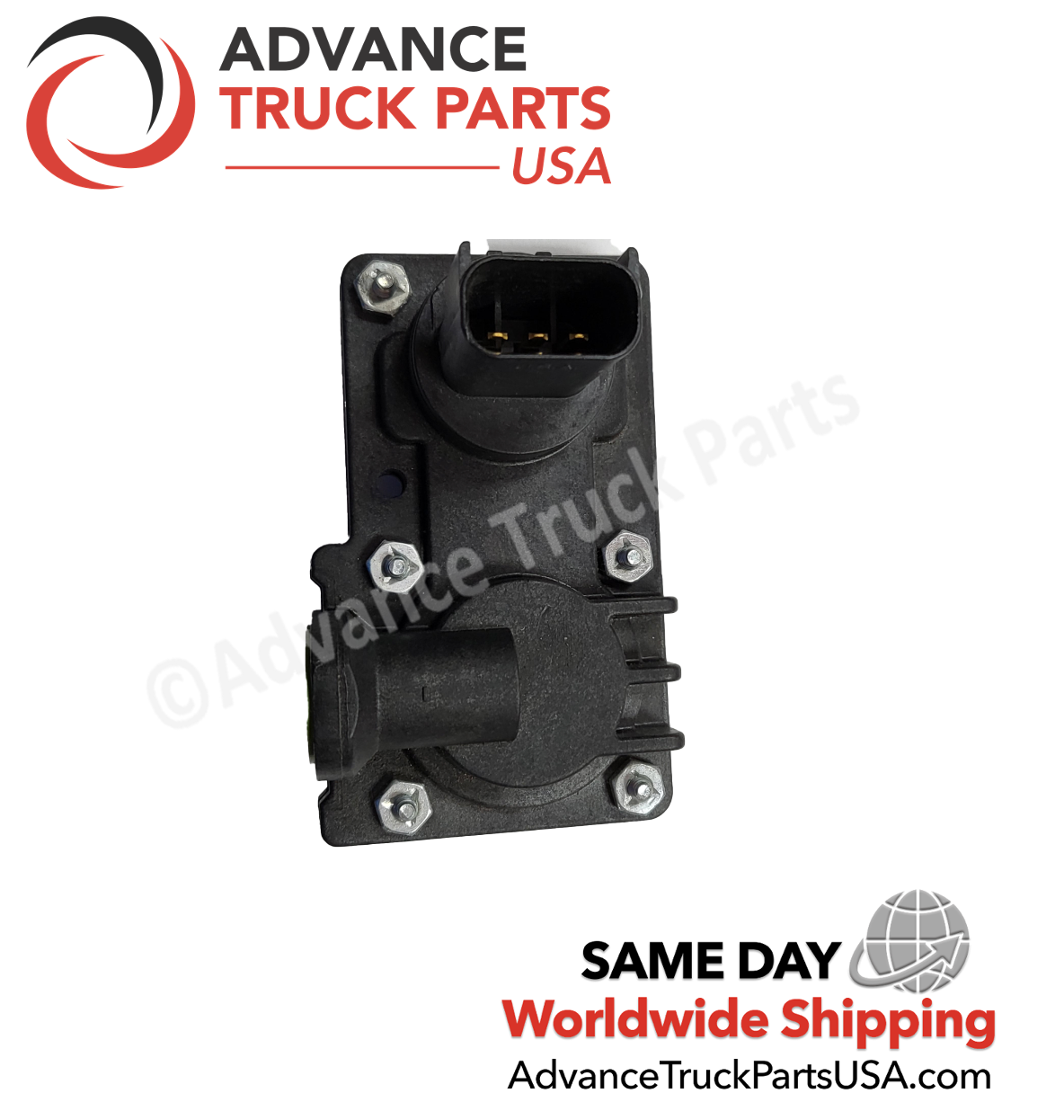 Advance Truck Parts Detroit Diesel S60 differential pressure sensor displaying a studio overview of the 3-pin connector and sensor housing 