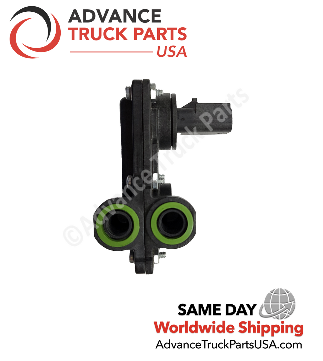 Advance Truck Parts EGR differential pressure sensor showcasing a studio side view of the dual green-sealed ports 