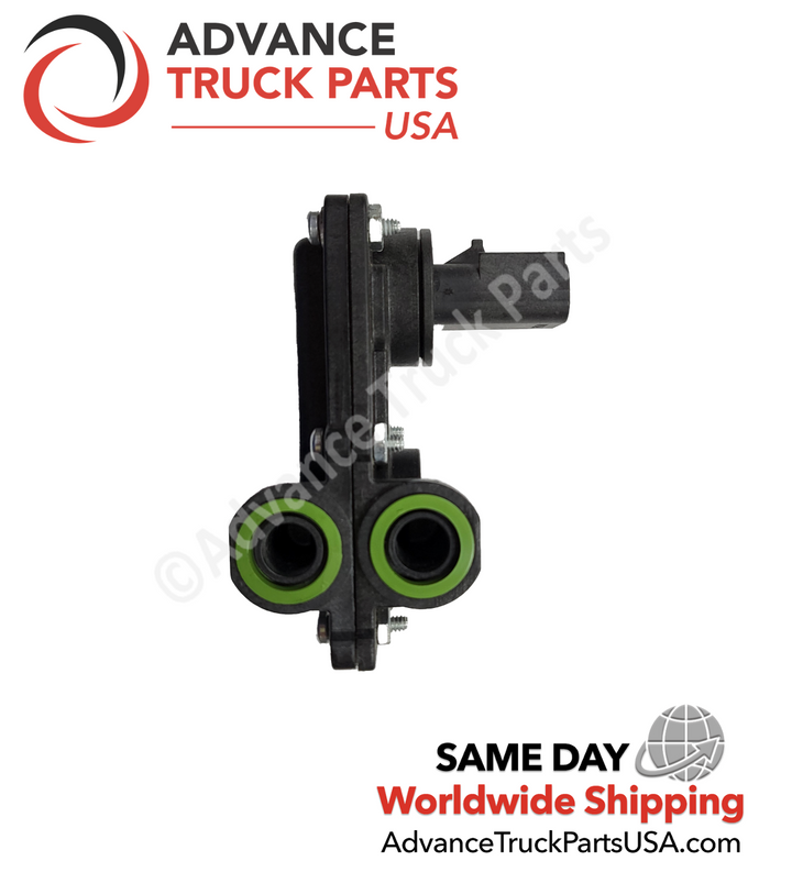 Advance Truck Parts EGR differential pressure sensor showcasing a studio side view of the dual green-sealed ports 