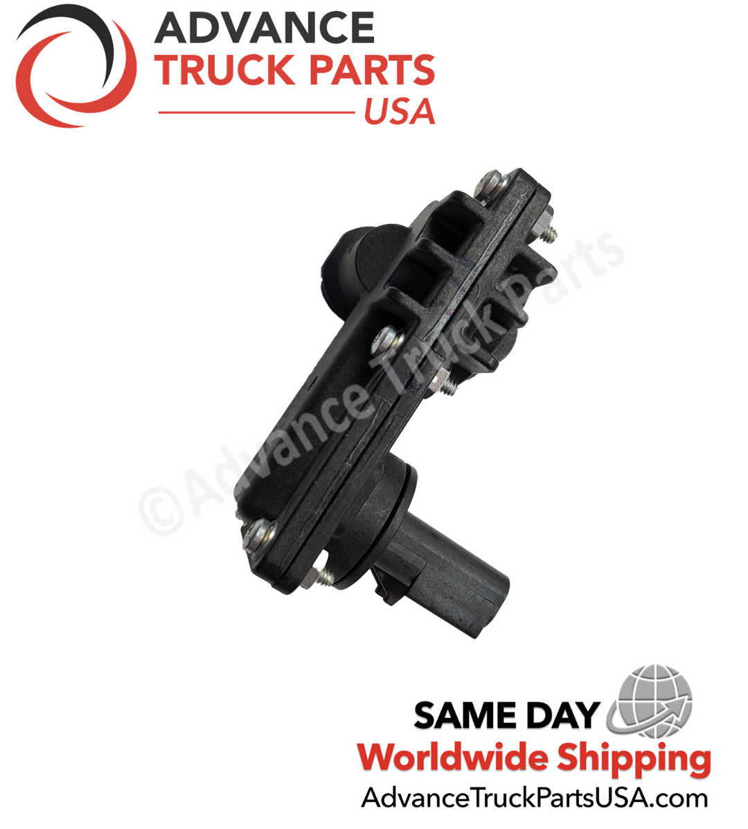 Advance Truck Parts EGR differential pressure sensor showing a horizontal studio side profile highlighting the mounting hardware and housing assembly