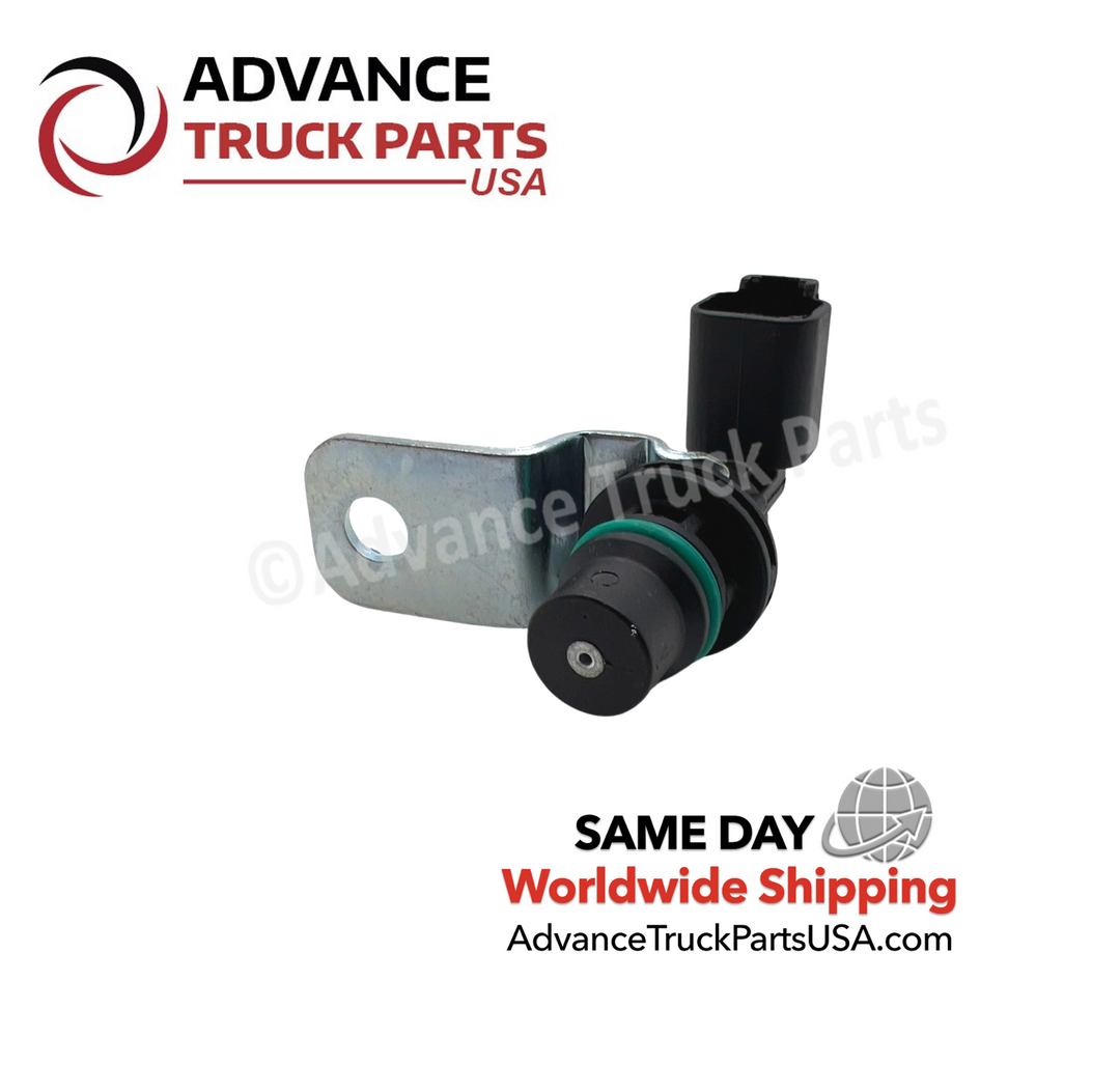 Advance Truck Parts USA branded studio horizontal view showcasing the heavy-duty commercial truck camshaft sensor and bolt-down bracket