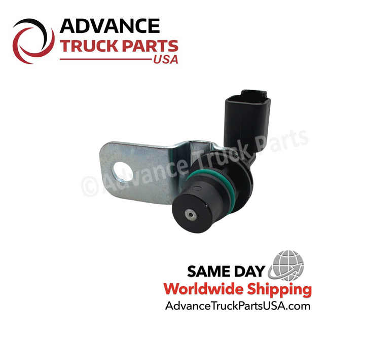 Advance Truck Parts USA branded studio horizontal view showcasing the heavy-duty commercial truck camshaft sensor and bolt-down bracket