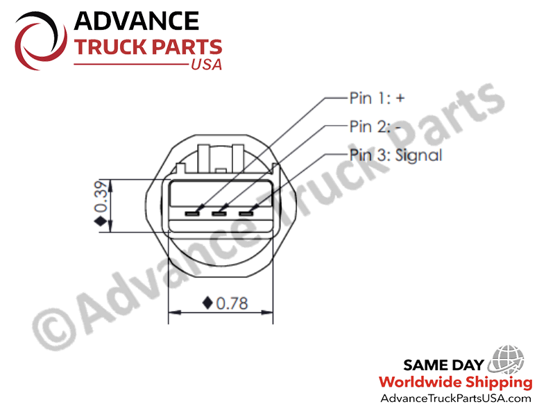 Advance Truck Parts USA Technical diagram showing the electrical pinout layout and dimensions for the Cummins exhaust gas pressure sensor connector