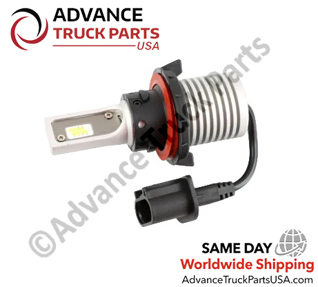 Advance Truck Parts USA H13 HL fan-less LED headlight bulb highlighting a side view of the mounting collar, red O-ring, and heatsink base
