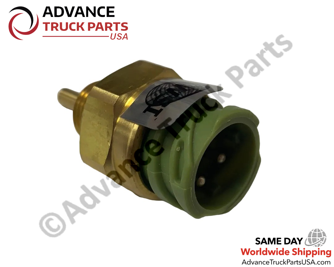 Advance Truck Parts USA Ford and International temperature sensor featuring an angled close-up view looking directly into the green electrical receptacle to display the internal male terminal pins