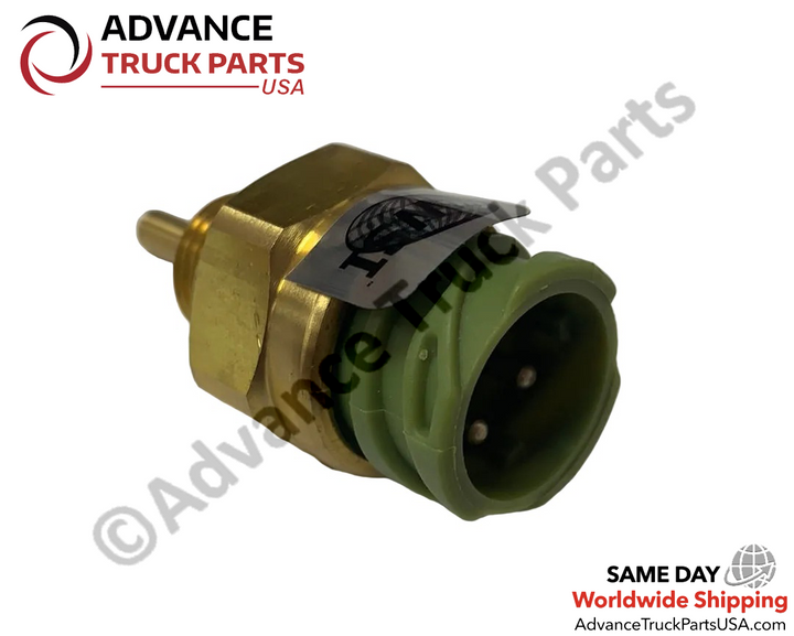Advance Truck Parts USA Ford and International temperature sensor featuring an angled close-up view looking directly into the green electrical receptacle to display the internal male terminal pins