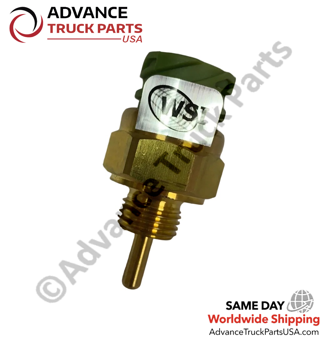 Advance Truck Parts USA Ford and International temperature sensor displaying a vertical profile highlighting the solid brass threaded base, lower probe, and a silver WSI inspection sticker below the green connector