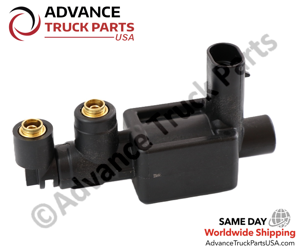 Advance Truck Parts USA branded studio profile view of the 3-way solenoid valve