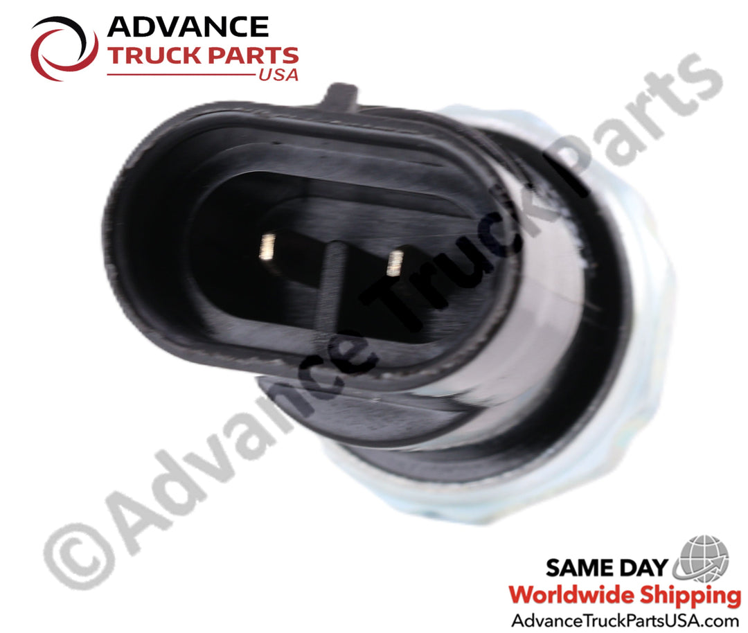 Advance Truck Parts USA branded studio angled top down perspective showing the internal 2-pin connector layout of the heavy-duty normally open air pressure switch