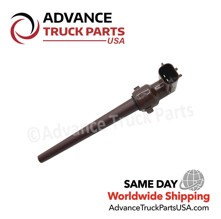 Advance Truck Parts USA branded studio close-up view highlighting the 2-pin electrical connector terminal of the Cascadia coolant level sensor