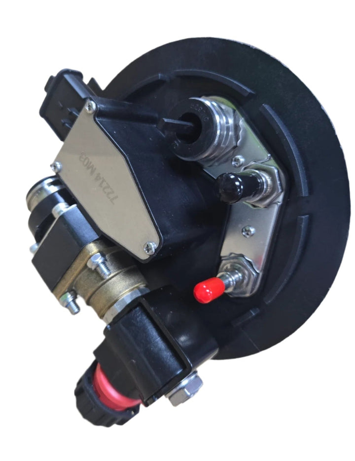 Advance Truck Parts USA Freightliner Cascadia DEF header unit level sensor highlighting an angled close-up of the top mounting flange, brass fittings, and integrated temperature sensing module