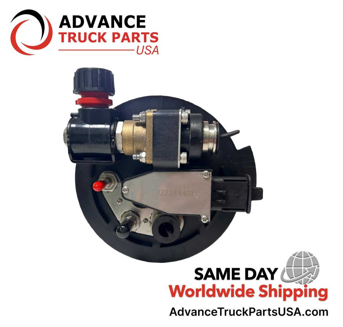 Advance Truck Parts USA Freightliner Cascadia DEF header unit level sensor displaying a direct top-down view of the black mounting flange, electrical connector, and fluid line ports with protective caps