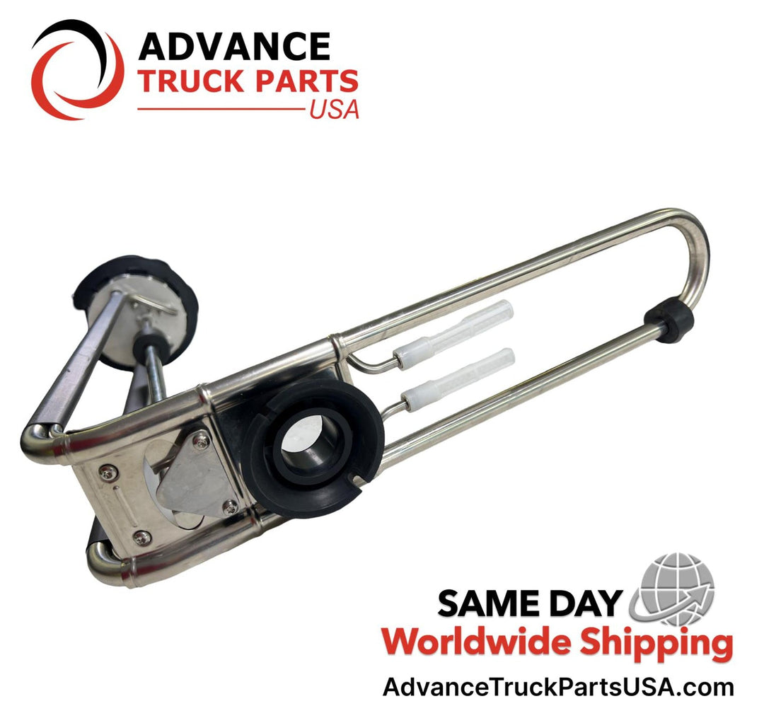 Advance Truck Parts USA Freightliner Cascadia DEF header unit level sensor highlighting the lower stainless steel tubing loop, bottom rubber mounting cushion, and dual white suction filters