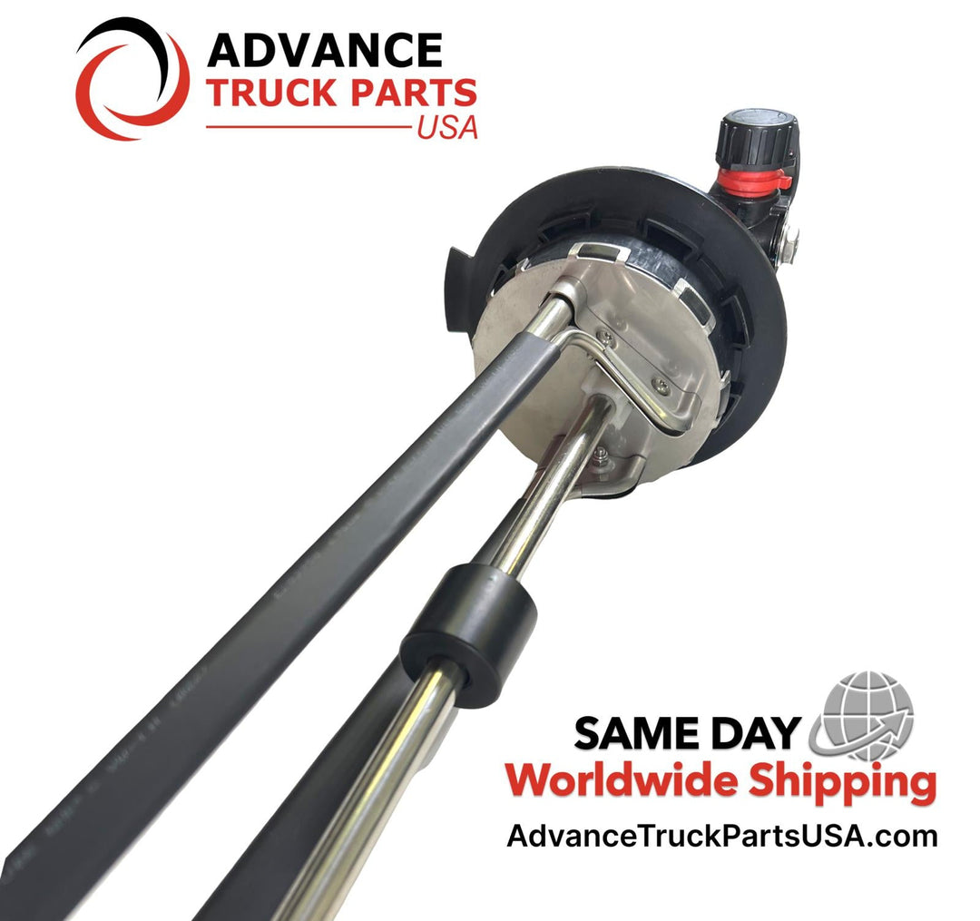 Advance Truck Parts USA Freightliner Cascadia DEF header unit level sensor displaying the underside of the mounting flange, stainless steel suction tubes, and cylindrical level float