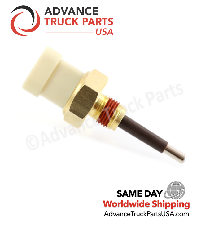 Advance Truck Parts USA branded studio right side angled perspective highlighting the threaded probe of the heavy-duty low coolant sender sensor for commercial applications