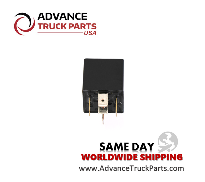 Advance Truck Parts USA branded studio profile perspective showing the black housing block and downward-facing quick connect terminals of the heavy-duty SPDT relay