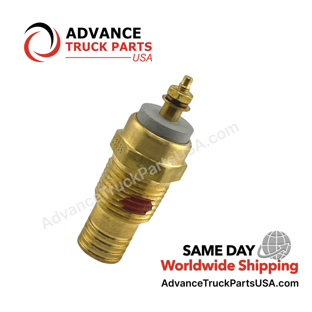 Advance Truck Parts USA temperature switch displaying an angled studio perspective of the switch assembly on a branded background
