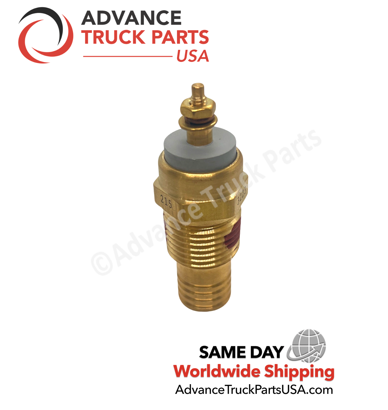 Advance Truck Parts USA branded studio vertical perspective showcasing the heavy-duty temperature switch highlighting the brass hex body stamped with the 215-degree rating, bottom threaded base, and top electrical connection for commercial trucks