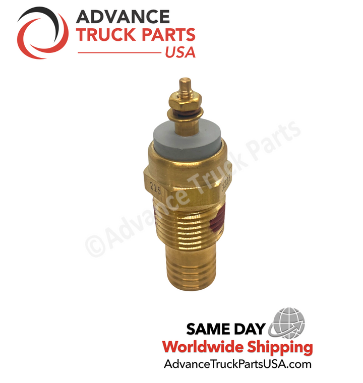 Advance Truck Parts USA branded studio vertical perspective showcasing the heavy-duty temperature switch highlighting the brass hex body stamped with the 215-degree rating, bottom threaded base, and top electrical connection for commercial trucks