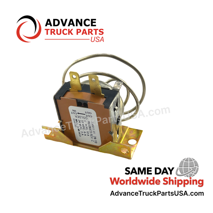Advance Truck Parts USA Freightliner thermostat switch showing a studio perspective featuring the specification label and electrical terminal blades