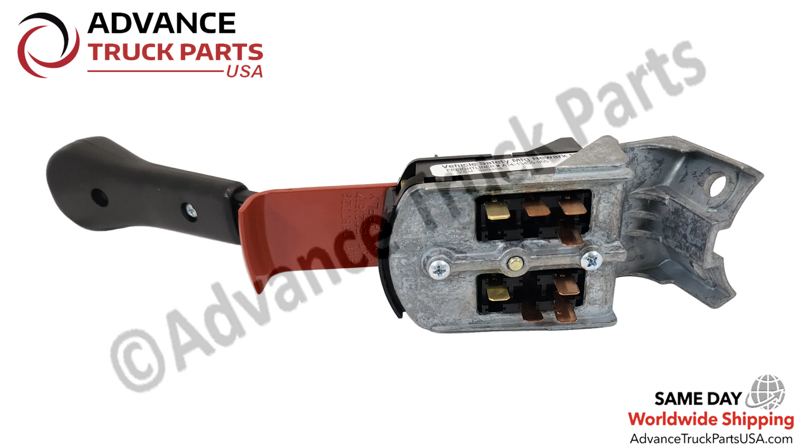 Advance Truck Parts USA Freightliner turn signal multifunction switch displaying an angled studio view highlighting the electrical blade terminals on a branded background