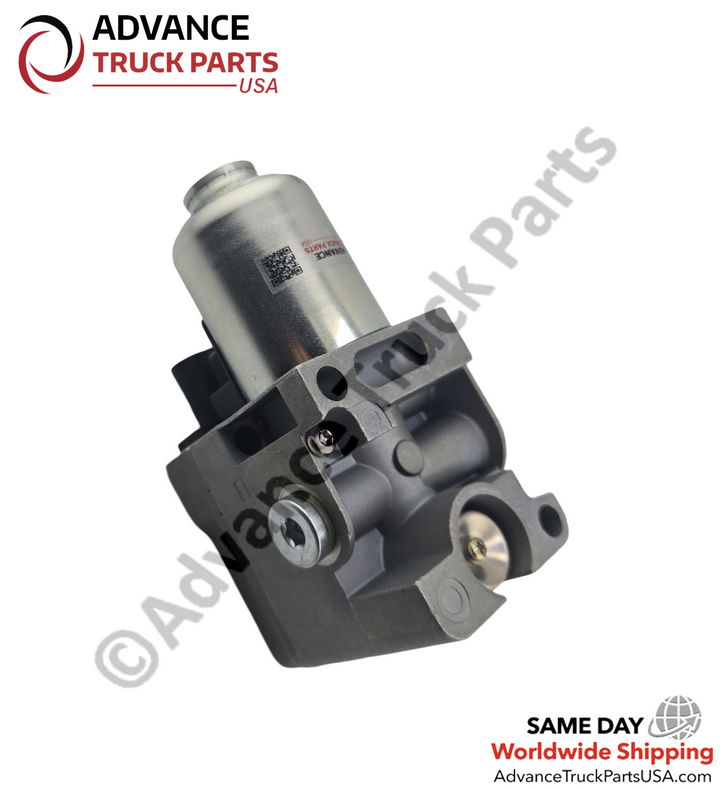 Advance Truck Parts USA Freightliner VPOD control valve highlighting the rear machined mounting surfaces, internal valve ports, and torx retaining screws on the cast metal body