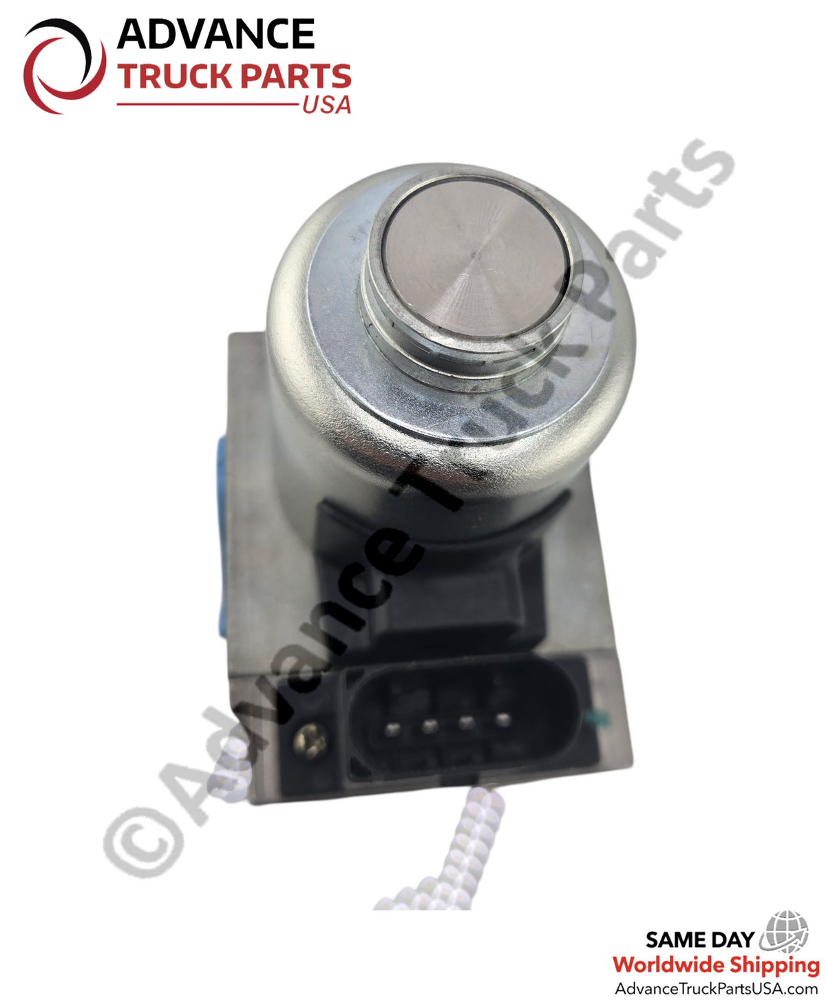 Advance Truck Parts USA Freightliner VPOD control valve displaying a top-down view of the silver solenoid cap and the black 4-pin electrical connector housing