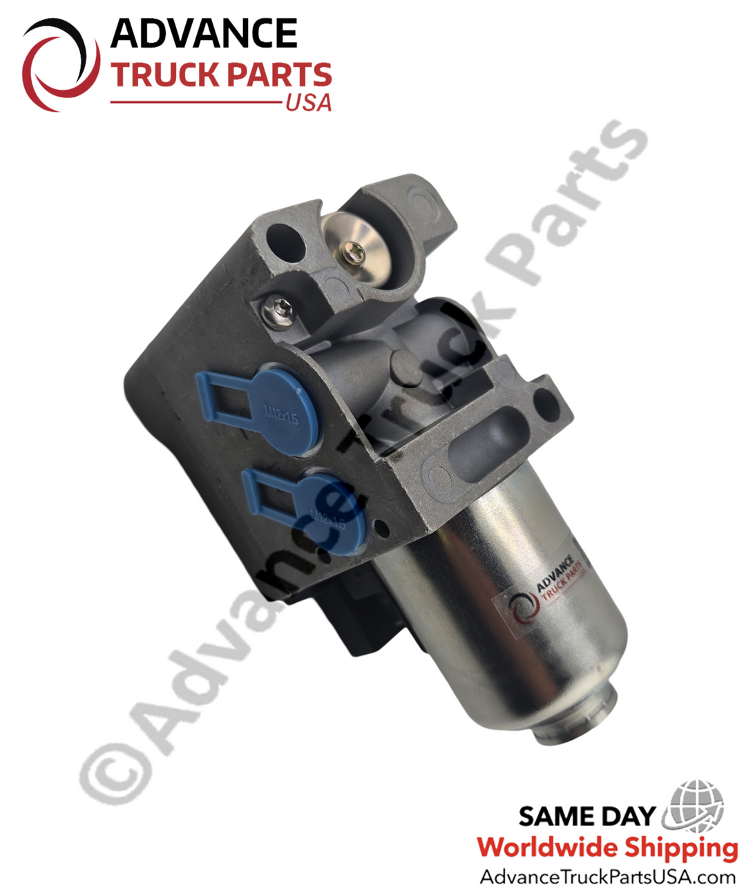Advance Truck Parts USA Freightliner VPOD control valve featuring an angled perspective of the blue protective caps securing the threaded inlet and exhaust ports on the grey manifold