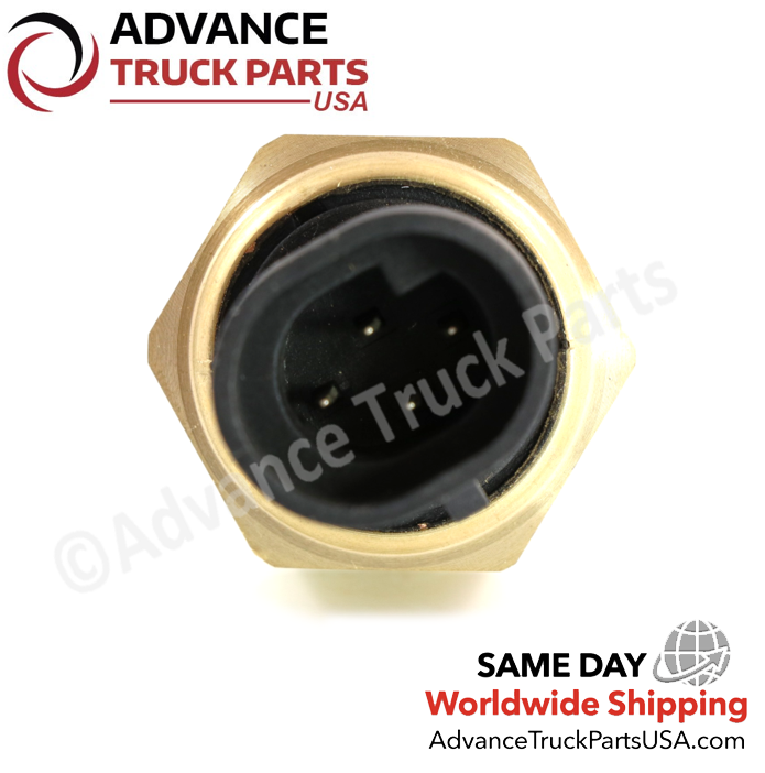 Advance Truck Parts USA branded studio top down close up perspective looking directly into the black connector housing and 4-pin layout of the heavy-duty low coolant level sensor for Freightliner and Western Star commercial trucks