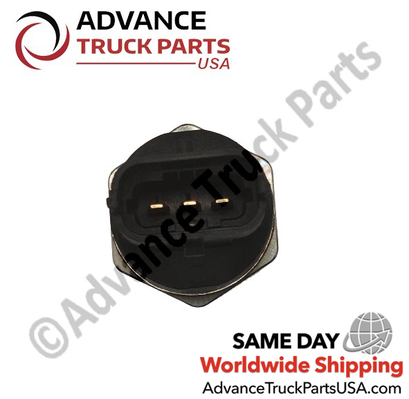 Advance Truck Parts USA CNH fuel pressure sensor close-up view highlighting the 3-pin connector receptacle and gold contacts on a branded background