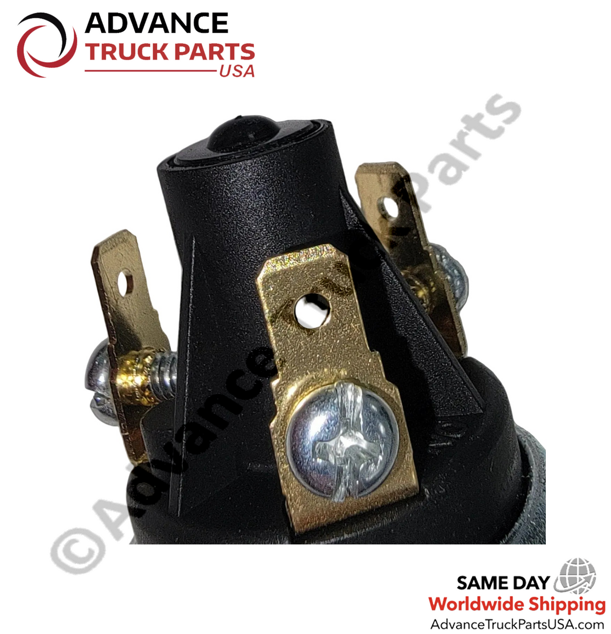 Advance Truck Parts USA Generac oil pressure switch close-up view highlighting dual spade and screw terminal contact configuration on the black polymer cap