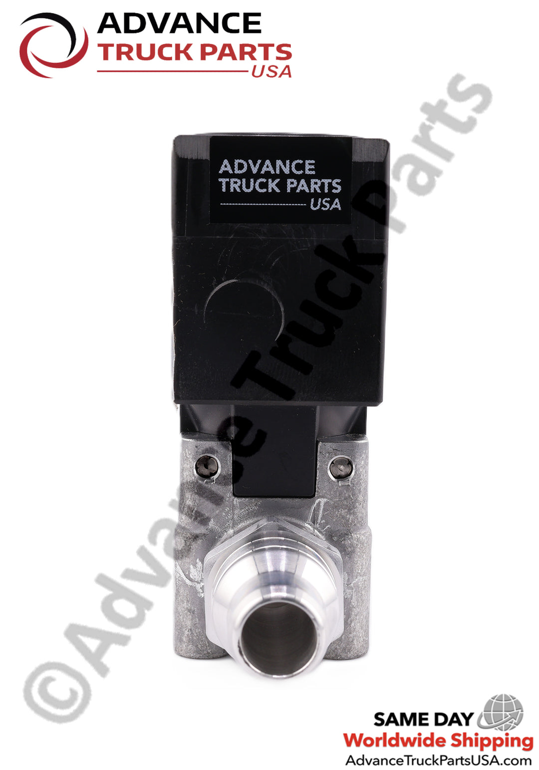 Advance Truck Parts USA branded studio horizontal perspective showcasing the Genuine Paccar 12V DEF heater control valve featuring a black solenoid coil with a printed ATP label, metallic fluid body with side ports, and a yellow protective connector cap