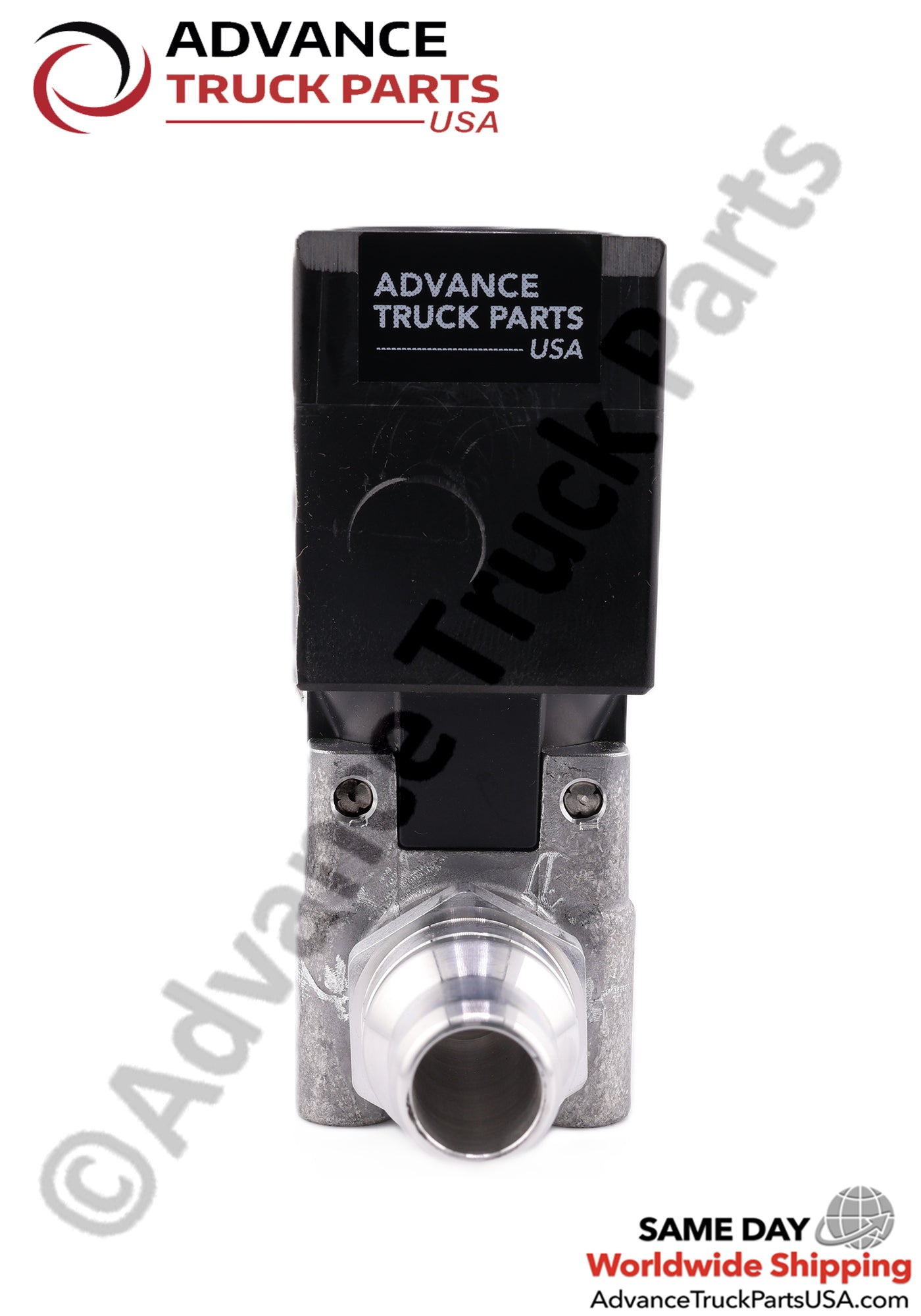 Advance Truck Parts USA branded studio horizontal perspective showcasing the Genuine Paccar 12V DEF heater control valve featuring a black solenoid coil with a printed ATP label, metallic fluid body with side ports, and a yellow protective connector cap