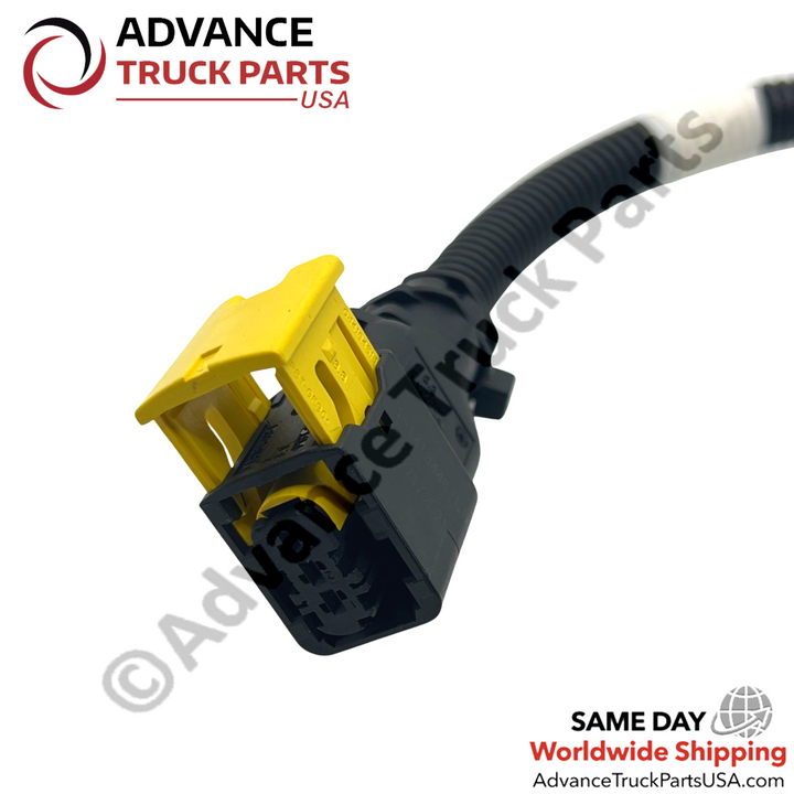 Advance Truck Parts USA 3-pin harness connector close-up view highlighting the yellow locking lever and terminal housing on a branded background