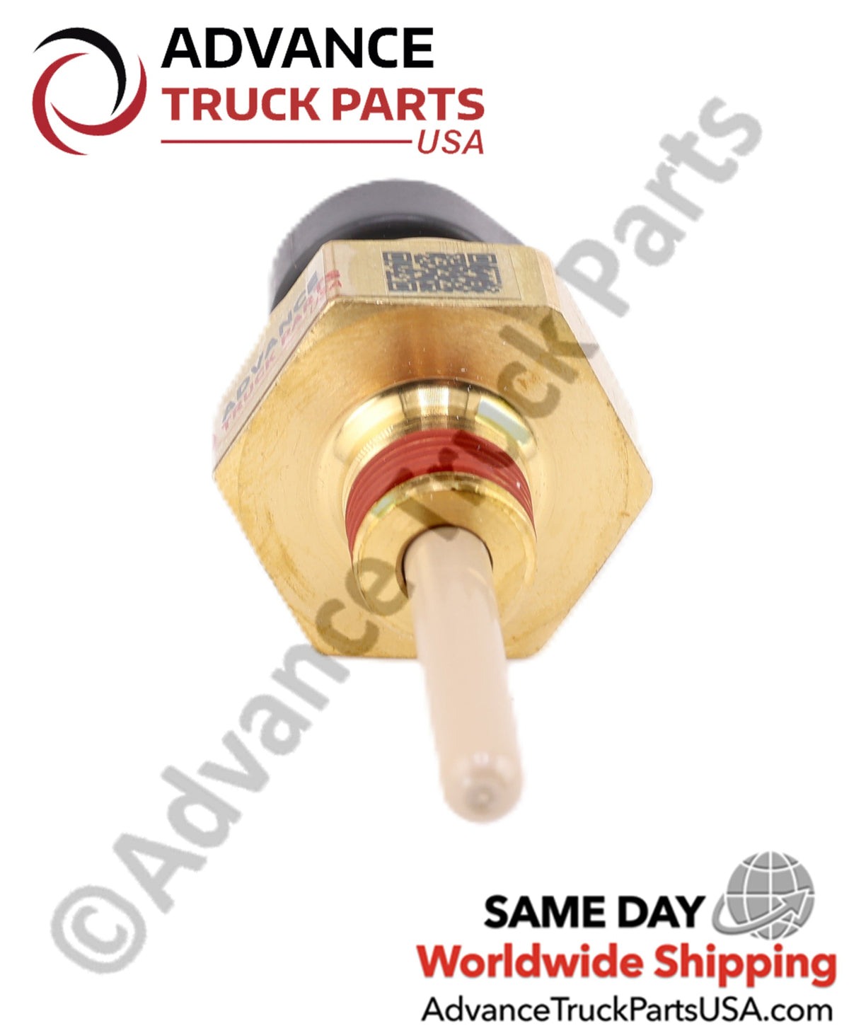 Advance Truck Parts USA branded studio angled top down perspective showcasing the beige probe, red thread sealant, and brass body of the heavy-duty 12V engine low coolant level sensor for commercial trucks
