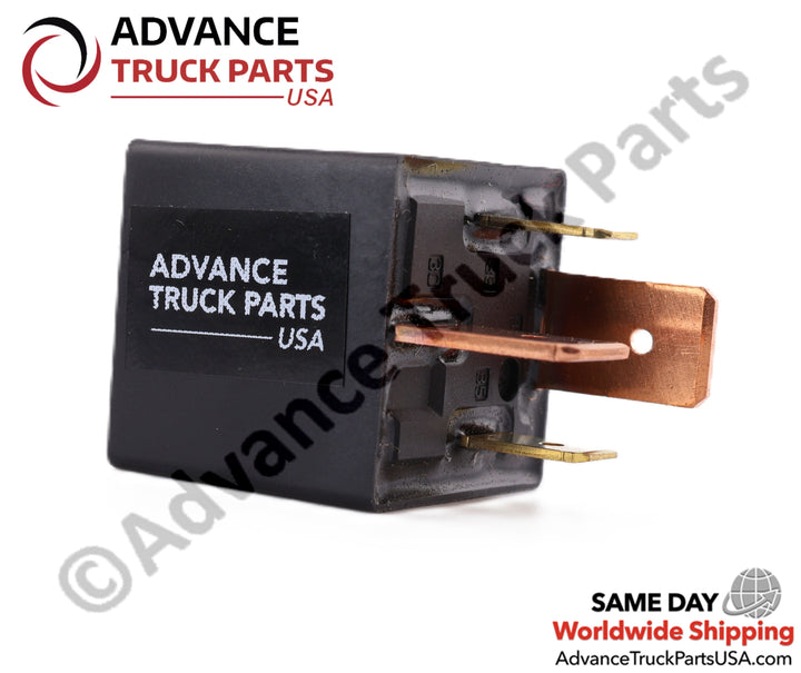 Advance Truck Parts USA branded studio angled bottom perspective showcasing the four terminal pins including one large copper contact of the 12V SPST heavy-duty automotive relay